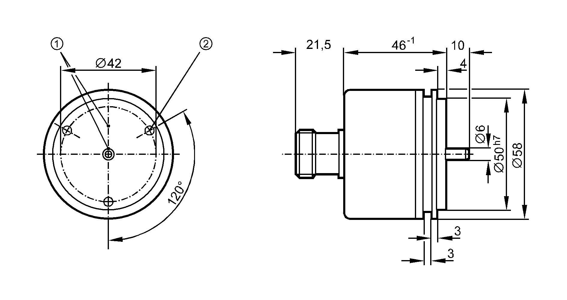 1: Реперная метка<br/>2: Резьба M4 на глубину 5 мм 