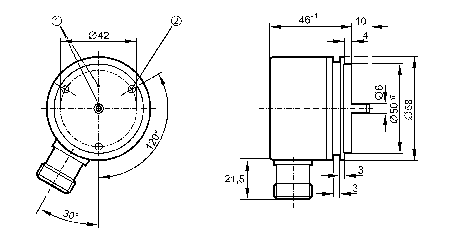 1: Реперная метка<br/>2: Резьба M4 на глубину 5 мм 