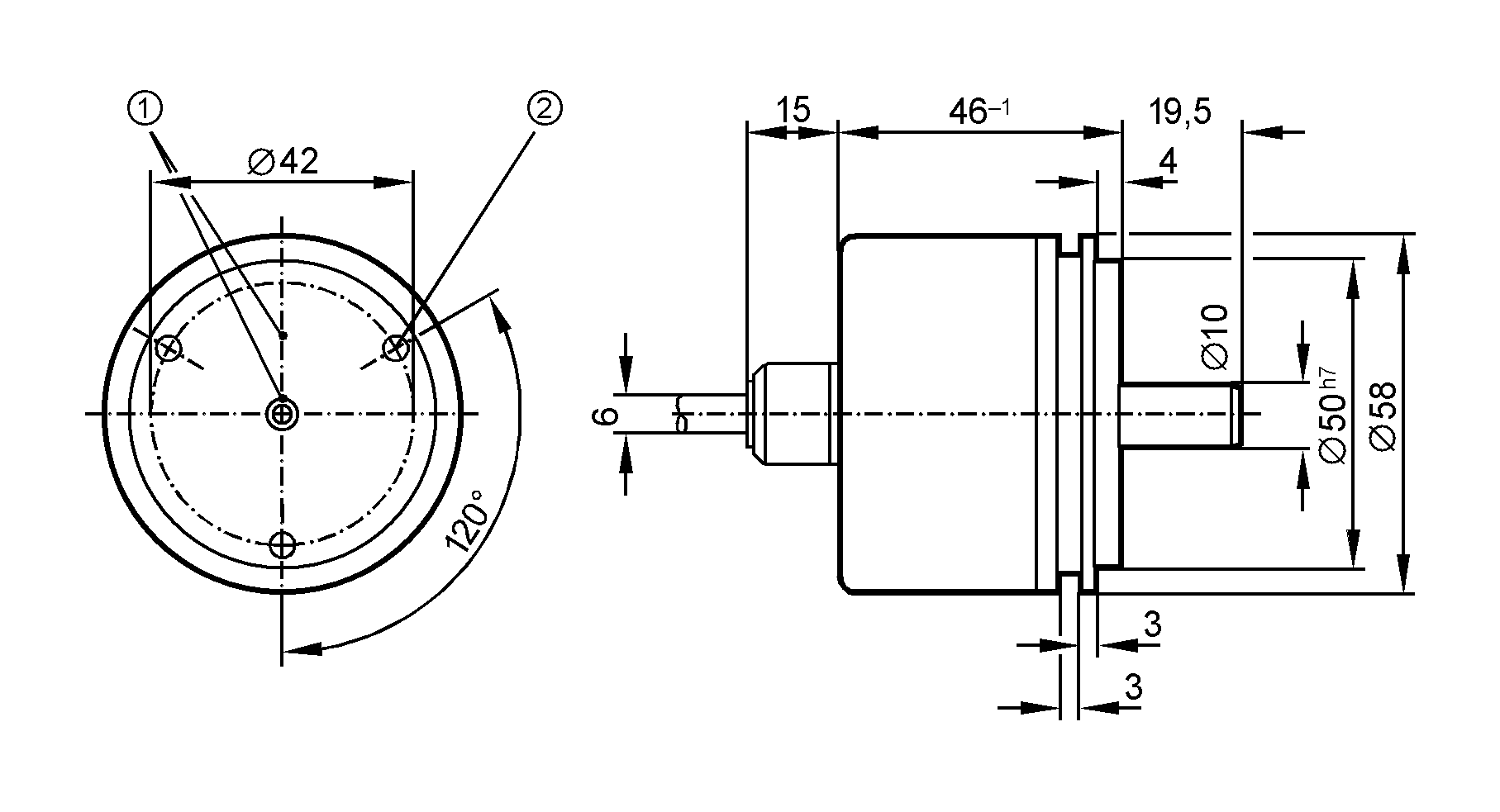 1: Реперная метка<br/>2: Резьба M4 на глубину 5 мм 