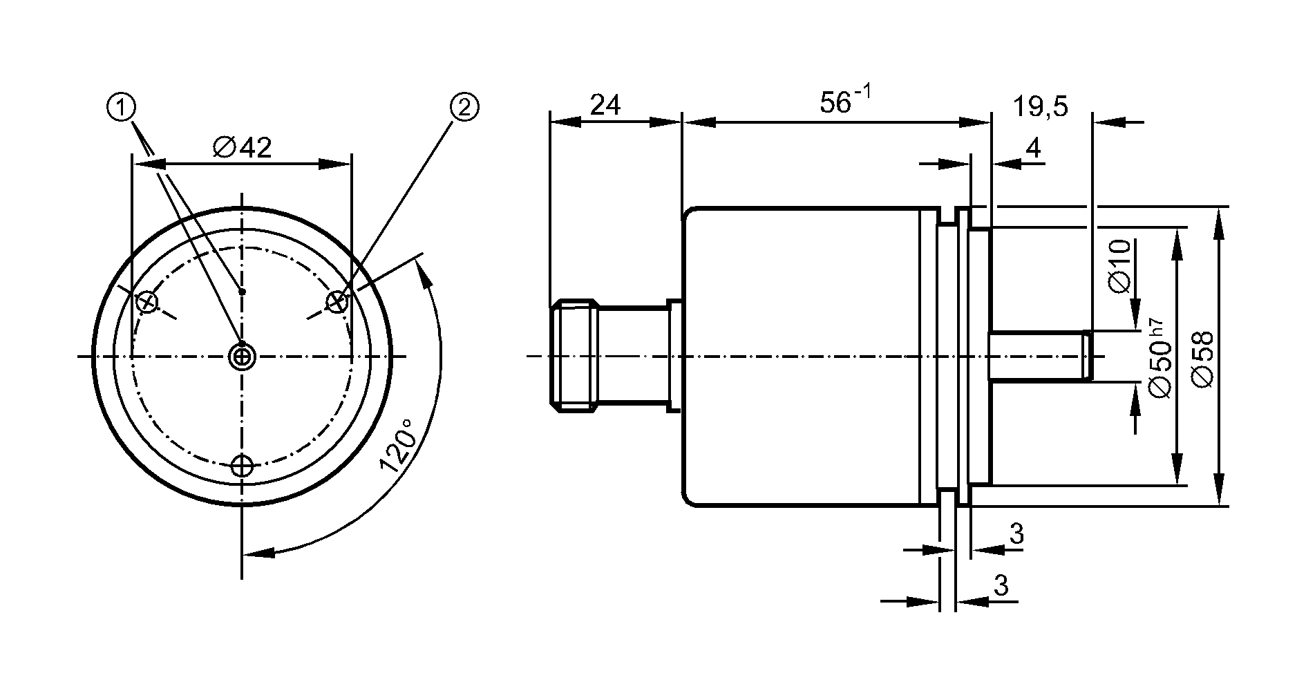 1: Реперная метка<br/>2: Резьба M4 на глубину 5 мм 