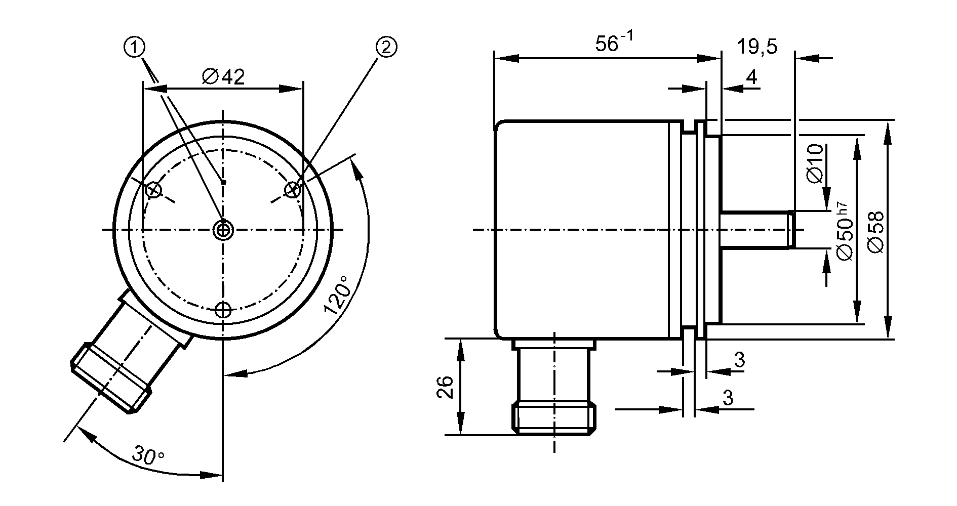 1: Реперная метка<br/>2: Резьба M4 на глубину 5 мм 