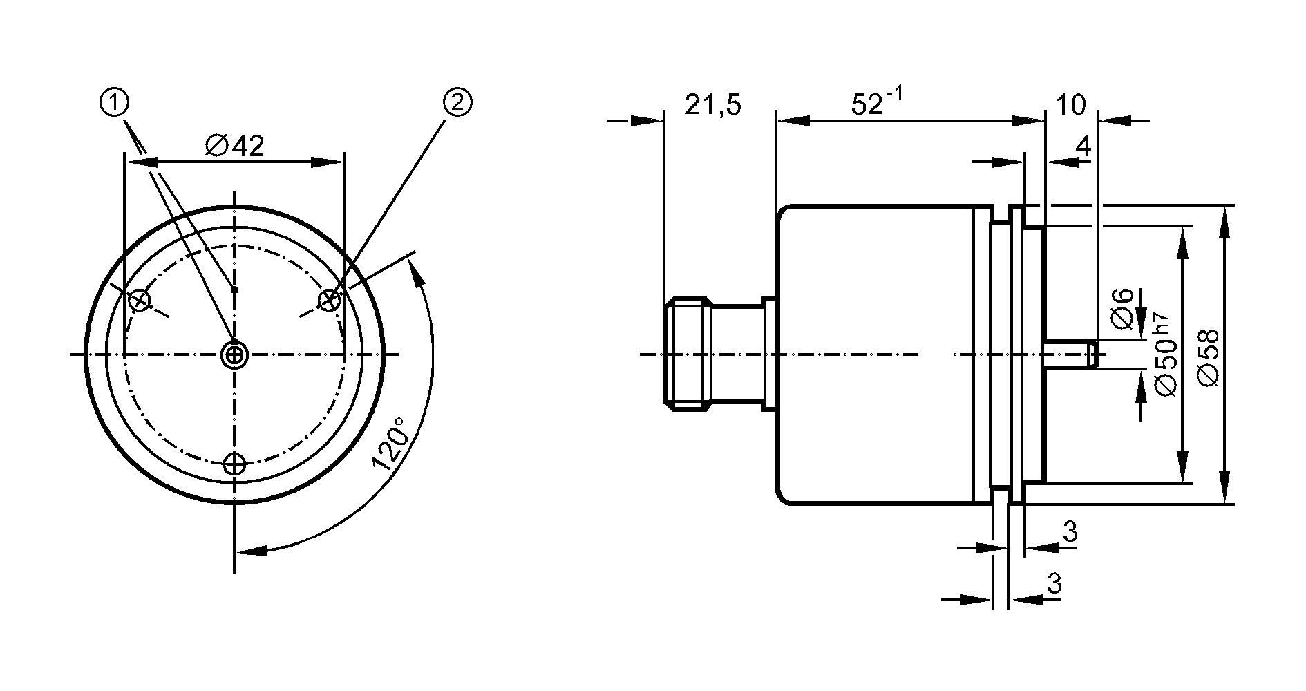 1: Реперная метка<br/>2: Резьба M4 на глубину 5 мм 