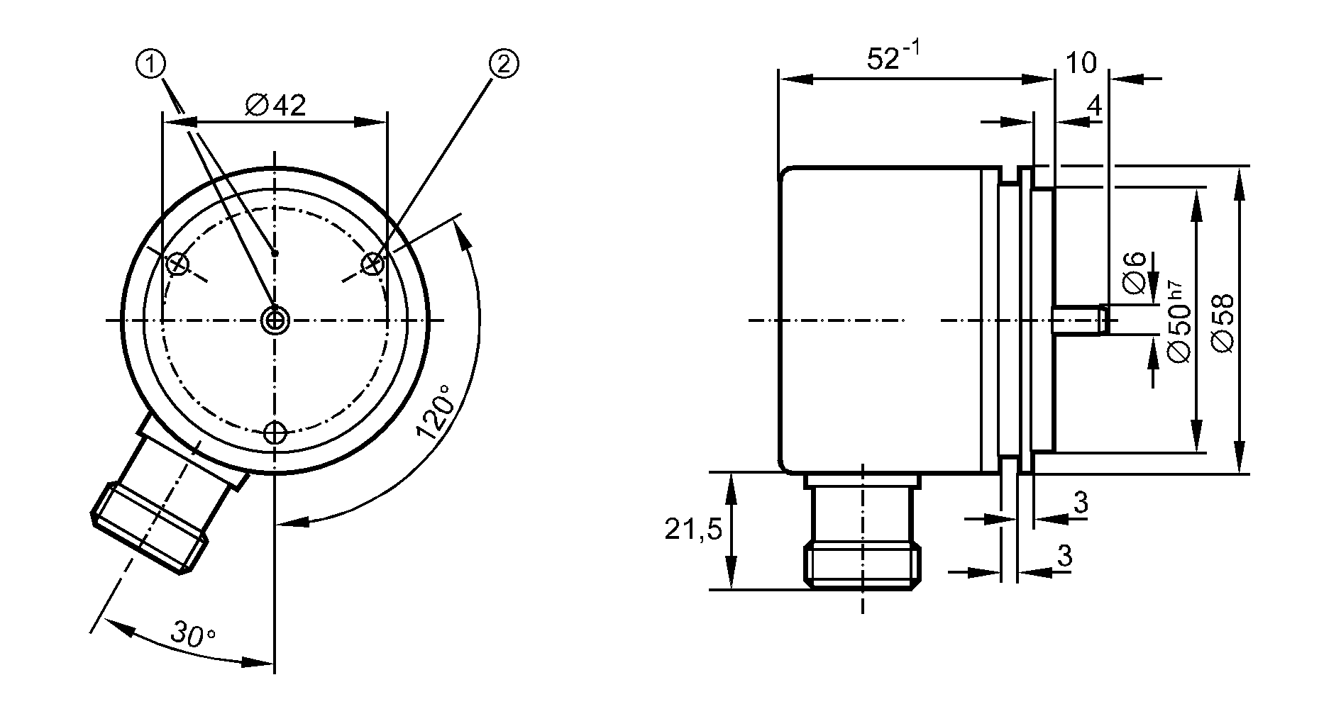 1: Реперная метка<br/>2: Резьба M4 на глубину 5 мм 