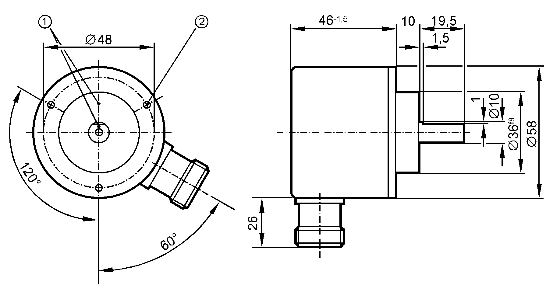 1: Реперная метка<br/>2: Резьба M3 на глубину 5 мм 