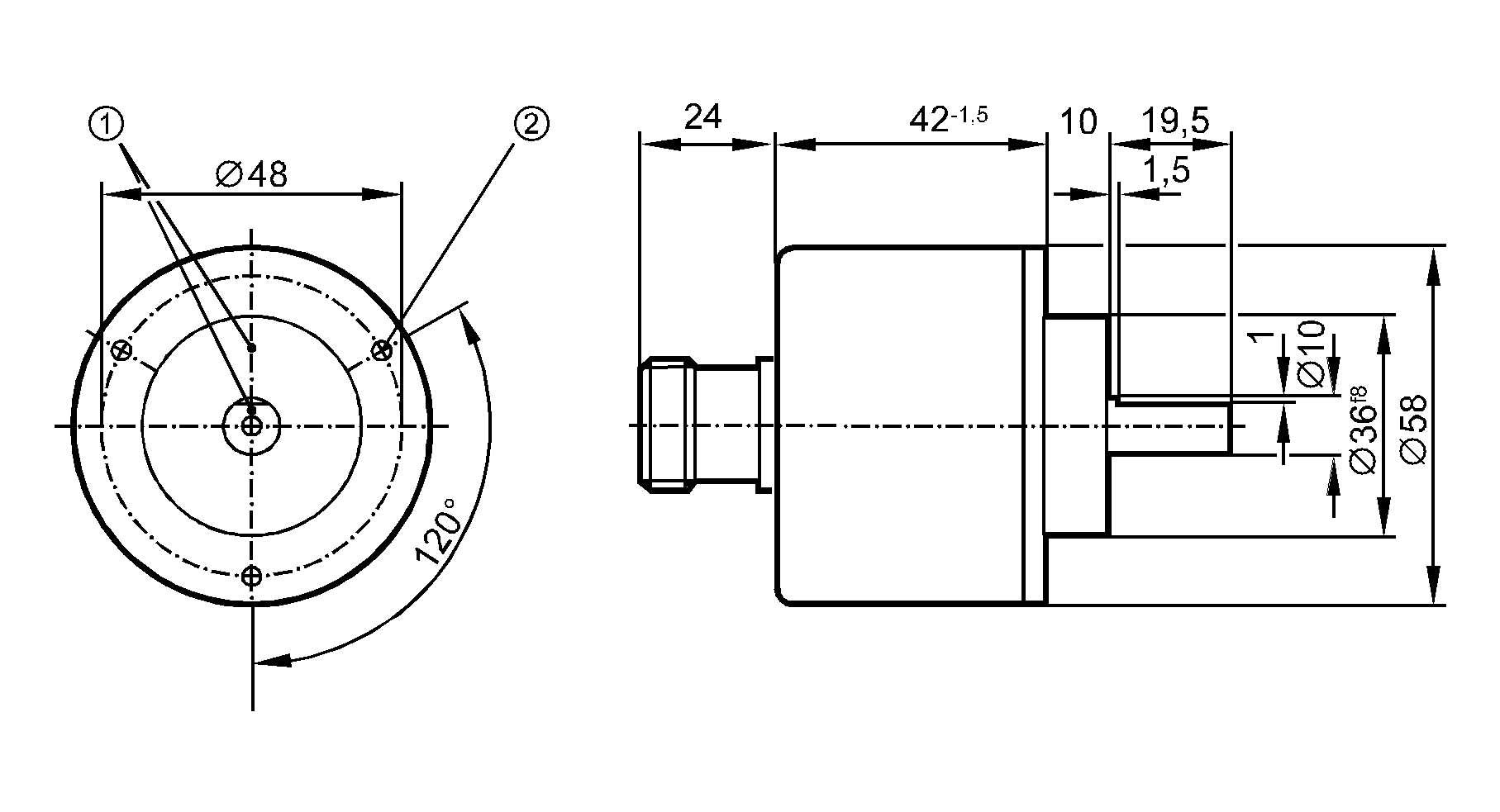 1: Реперная метка<br/>2: Резьба M3 на глубину 5 мм 