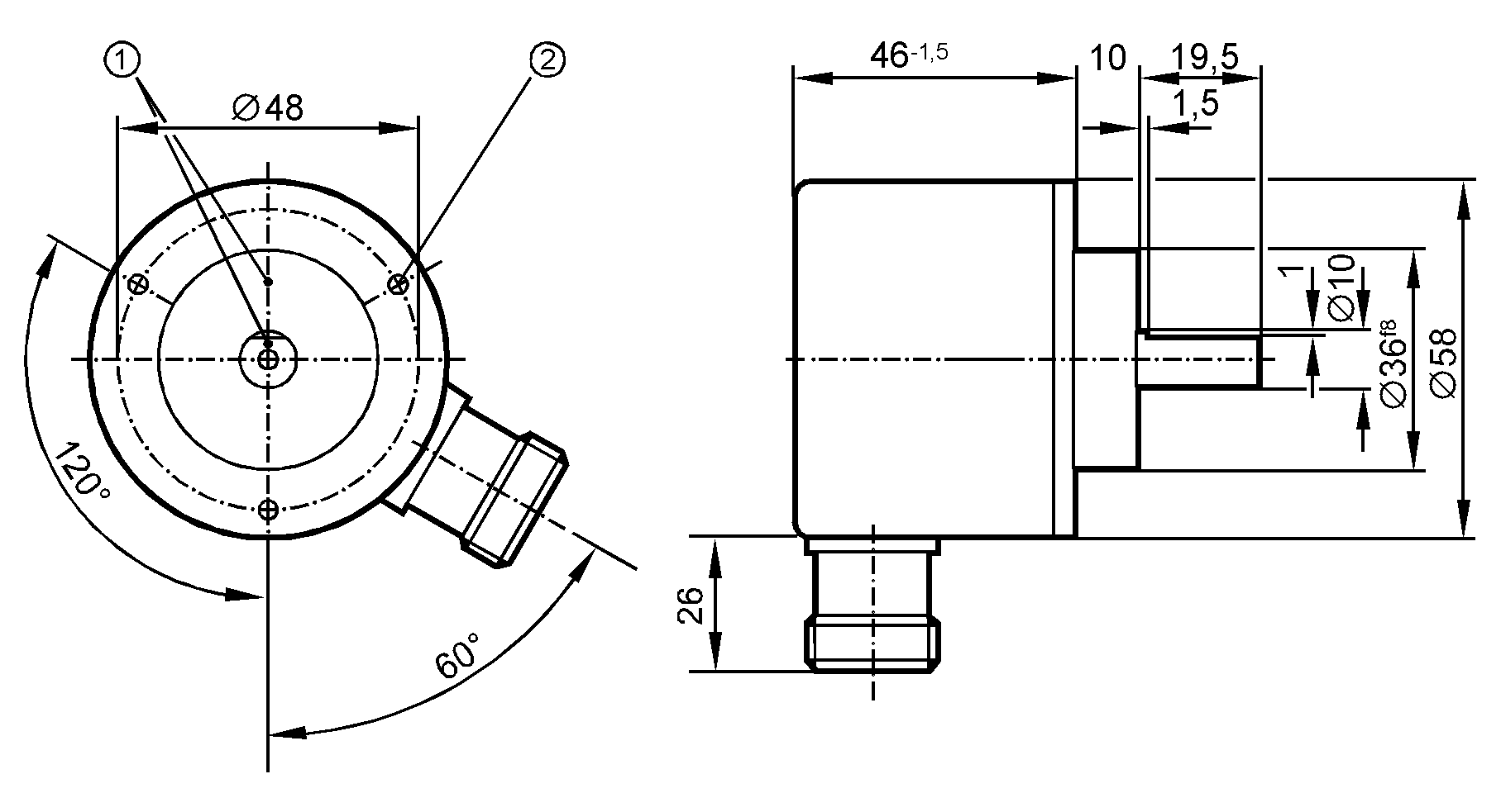 1: Реперная метка<br/>2: Резьба M3 на глубину 5 мм 