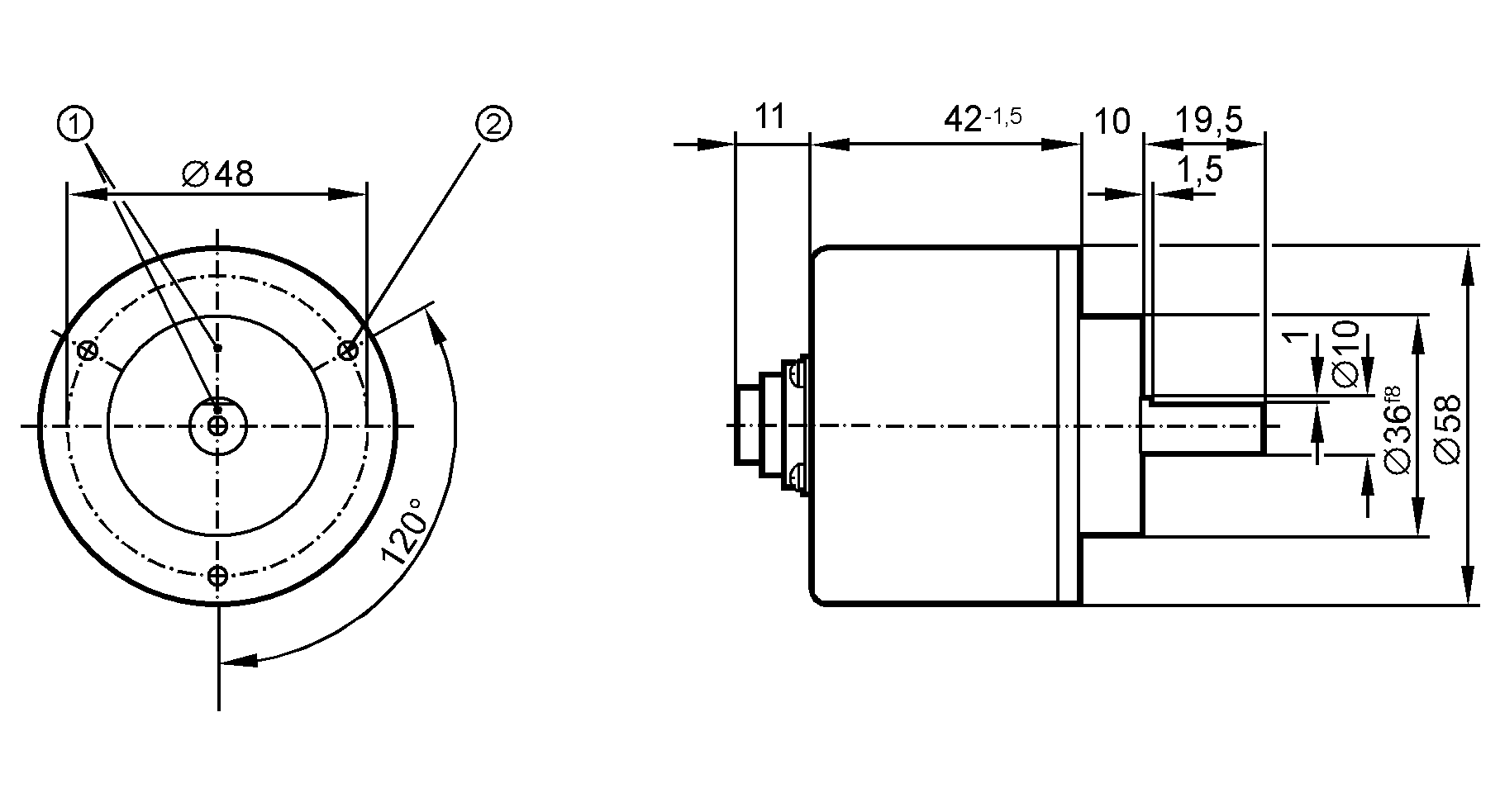 1: Реперная метка<br/>2: Резьба M3 на глубину 5 мм 