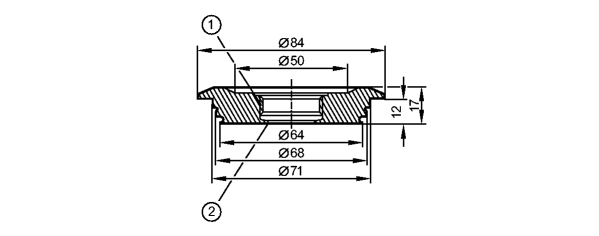 1: Резьба ASEPTOFLEX<br/>2: Кромка уплотнения Aseptoflex  