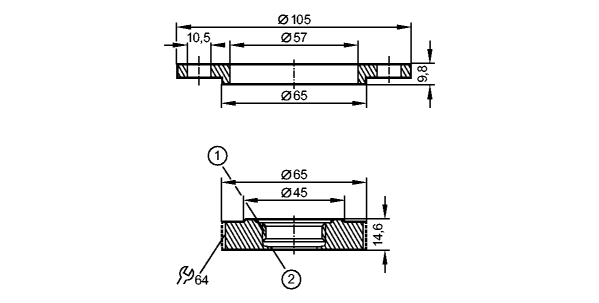 1: Резьба ASEPTOFLEX<br/>2: Кромка уплотнения Aseptoflex 