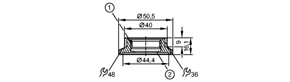 1: Резьба ASEPTOFLEX<br/>2: Кромка уплотнения Aseptoflex 