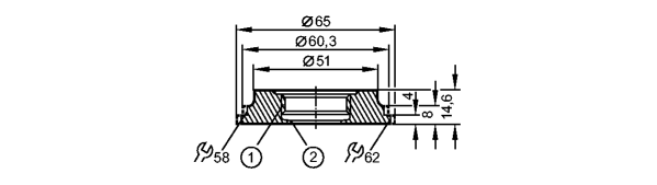 1: Резьба ASEPTOFLEX<br/>2: Кромка уплотнения Aseptoflex 