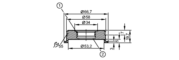 1: Резьба ASEPTOFLEX<br/>2: Кромка уплотнения Aseptoflex 