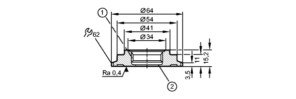 1: Резьба ASEPTOFLEX<br/>2: Кромка уплотнения Aseptoflex 