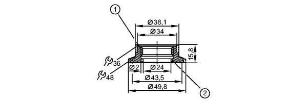 1: Резьба ASEPTOFLEX<br/>2: О-кольцо 24 x 2 FPM 80SH  