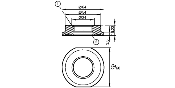 1: Резьба ASEPTOFLEX<br/>2: Кромка уплотнения Aseptoflex 