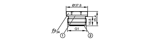 1: паз для уплотнительного кольца DIN 3869-33-FKM<br/>2: паз для O-кольца 24 x 2 (EPDM) или дополнительные уплотнительные кольца  