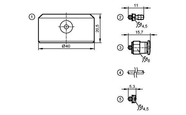 1: защитный корпус<br/>2: штуцер<br/>3: штуцер<br/>4: шланг<br/>5: Резьбовая заглушка