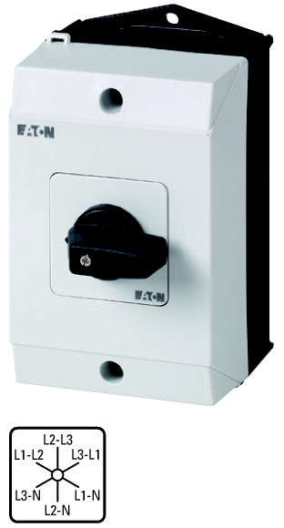 Moeller. Переключатели подключения вольтметра, контакты: 6, 20 A, 3 x phase-phase, 3 x phase-N, Передняя панель: Phase/Phase-Phase/N, 60 °, с фиксацией, Монтаж на поверхность - 207119