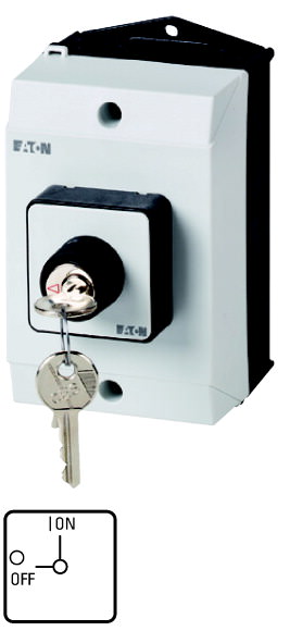 Moeller. Переключатель включения/выключения, 2-полюсн., 20 A, Key operated lock mechanism S-T0, Передняя панель 0-1, 90 °, с фиксацией, Монтаж на поверхность, P - 207063