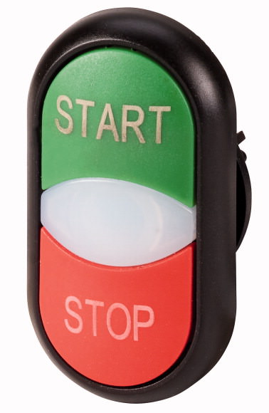 Moeller. Двойная кнопка с сигнальной лампой с обозначением "start", "stop", цвет зеленый/красный, черное лицевое кольцо - 216703