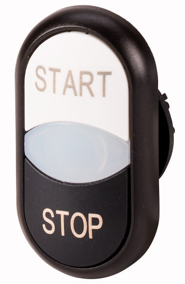 Moeller. Двойная кнопка с сигнальной лампой с обозначением "start", "stop", цвет белый/черный, черное лицевое кольцо - 216709